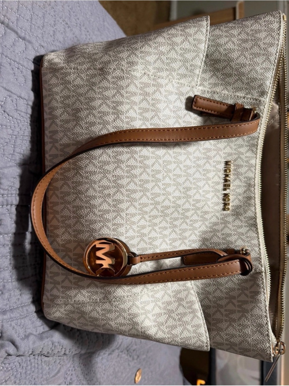 Michael Kors Cream Logo Shoulder Bag with Brown Leather Trim